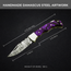 Handmade Damascus Pocket Knife 7"– Purple Resin Handle Folding Knife, Leather Sheath HandiGo USA