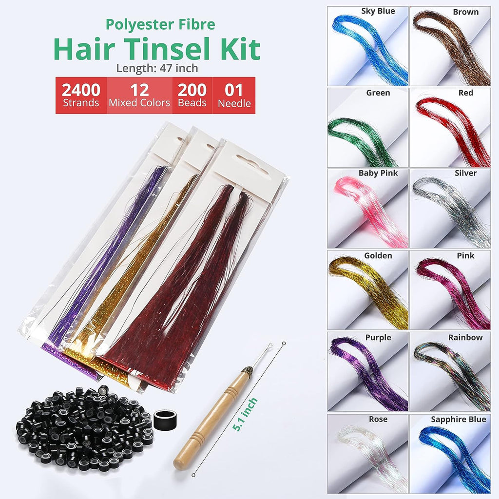 Hair Tinsel – 12 Colors 2400 Strands 47 Inches Glitter Hair Extensions with  Plier