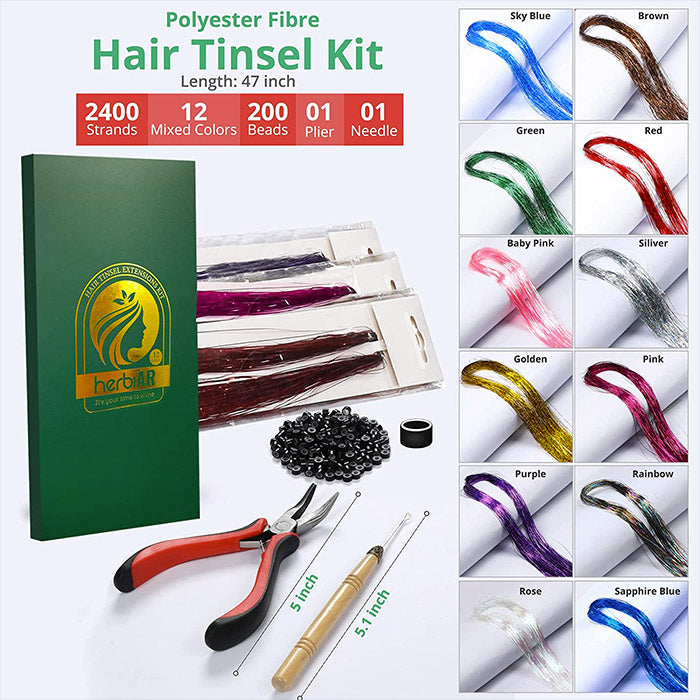 Hair Tinsel Kit with Tool 12 Colors 2400 Strands Tinsel Hair Extensions Fairy Hair Tinsel Heat Resistant, 47 Inches Shiny Sparkly Hair Tinsel