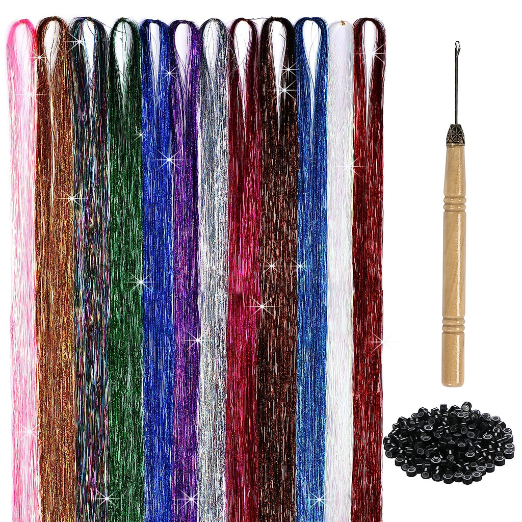 Hair Tinsel – 12 Colors 2400 Strands 47 Inches Glitter Hair Extensions