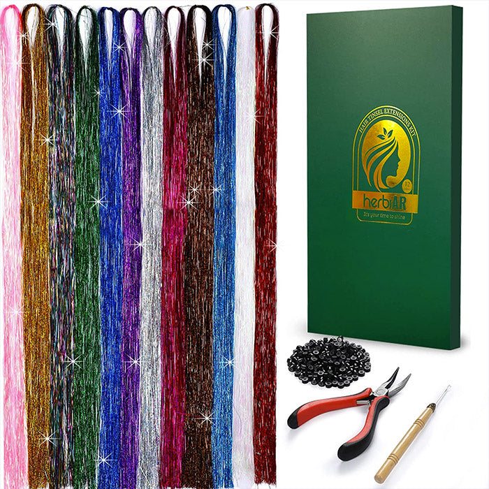 Herbiar Hair Tinsel Kit 12 Colors 47inch 2400 Strands Silver Extensions  Women Girls Heat Resistant 